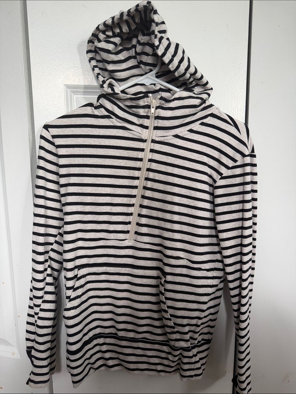 Vanilla Bay Black & Cream Striped Hooded Half-Zip Sweater